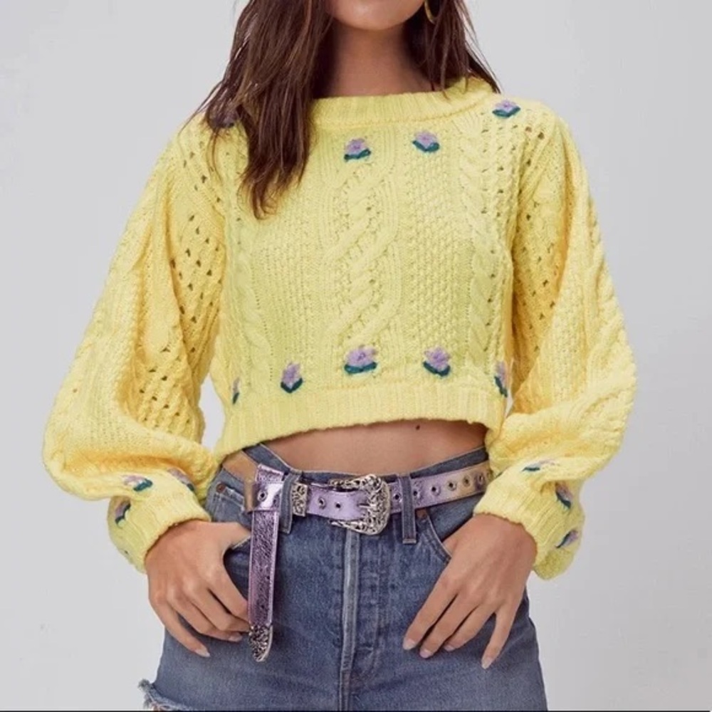 For Love and Lemons Yellow Cropped Cable Knit Sweater with Purple Accent Flowers